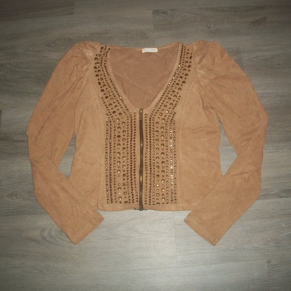 womens blouse.cropped zip up blouse.stud bling.faux suede.size medium